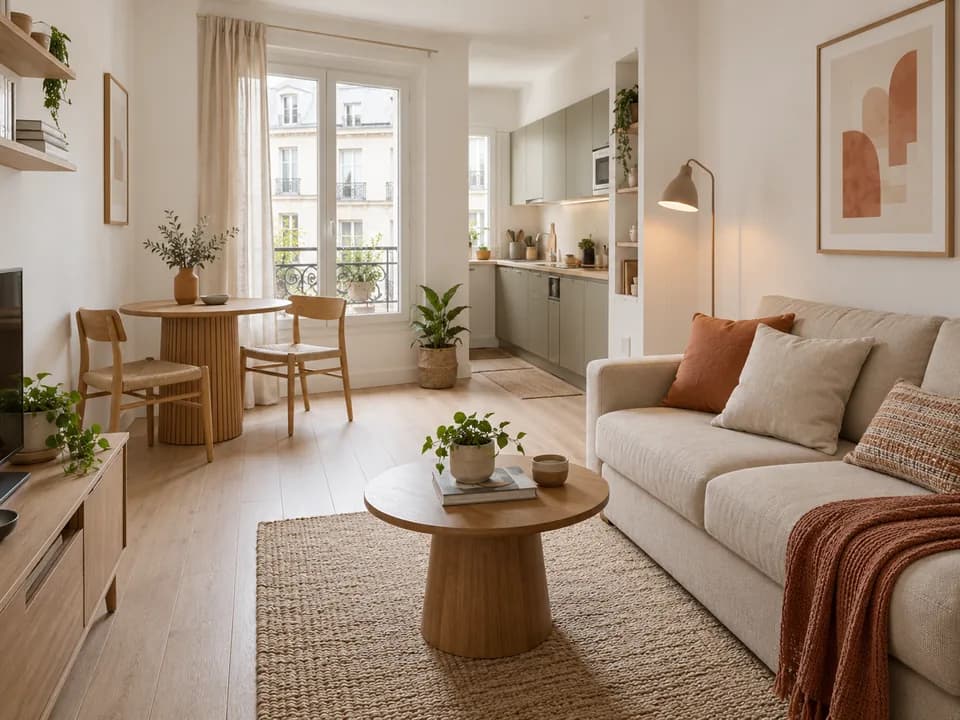 Illustration d’un studio avec canapé convertible, table pour deux et rangements