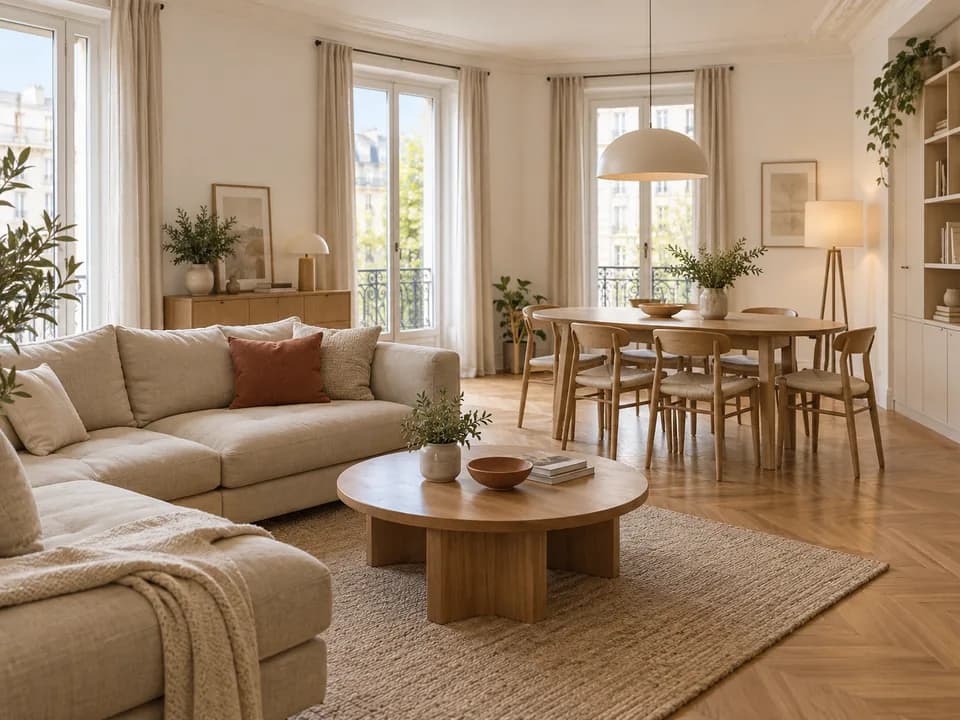 Illustration d’un séjour familial de T4 avec canapé d’angle et table de repas